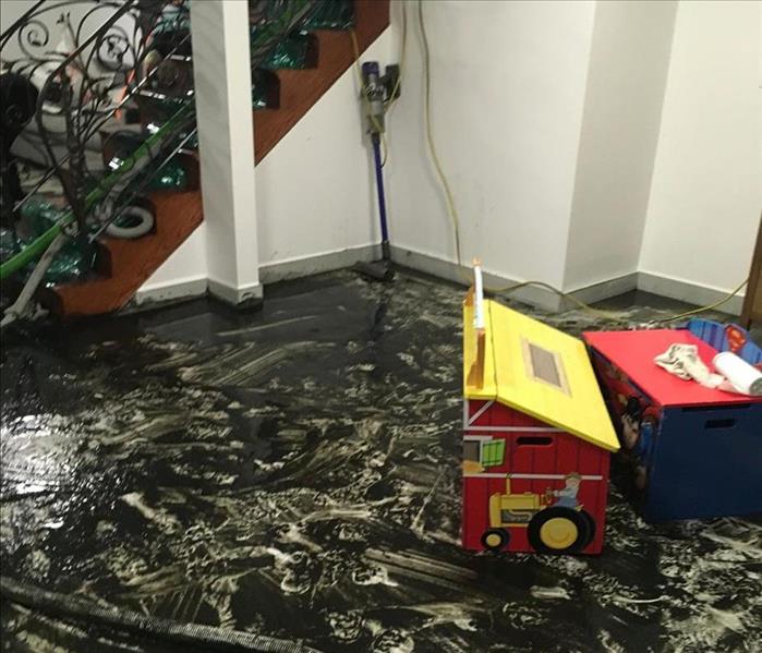 Standing water in a basement by stairs with random children’s toys